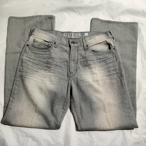 Guess Los Angeles Jean Mens 34x32.5 Cliff Boot Fit Wide Leg Gray Denim Distress - Picture 1 of 6